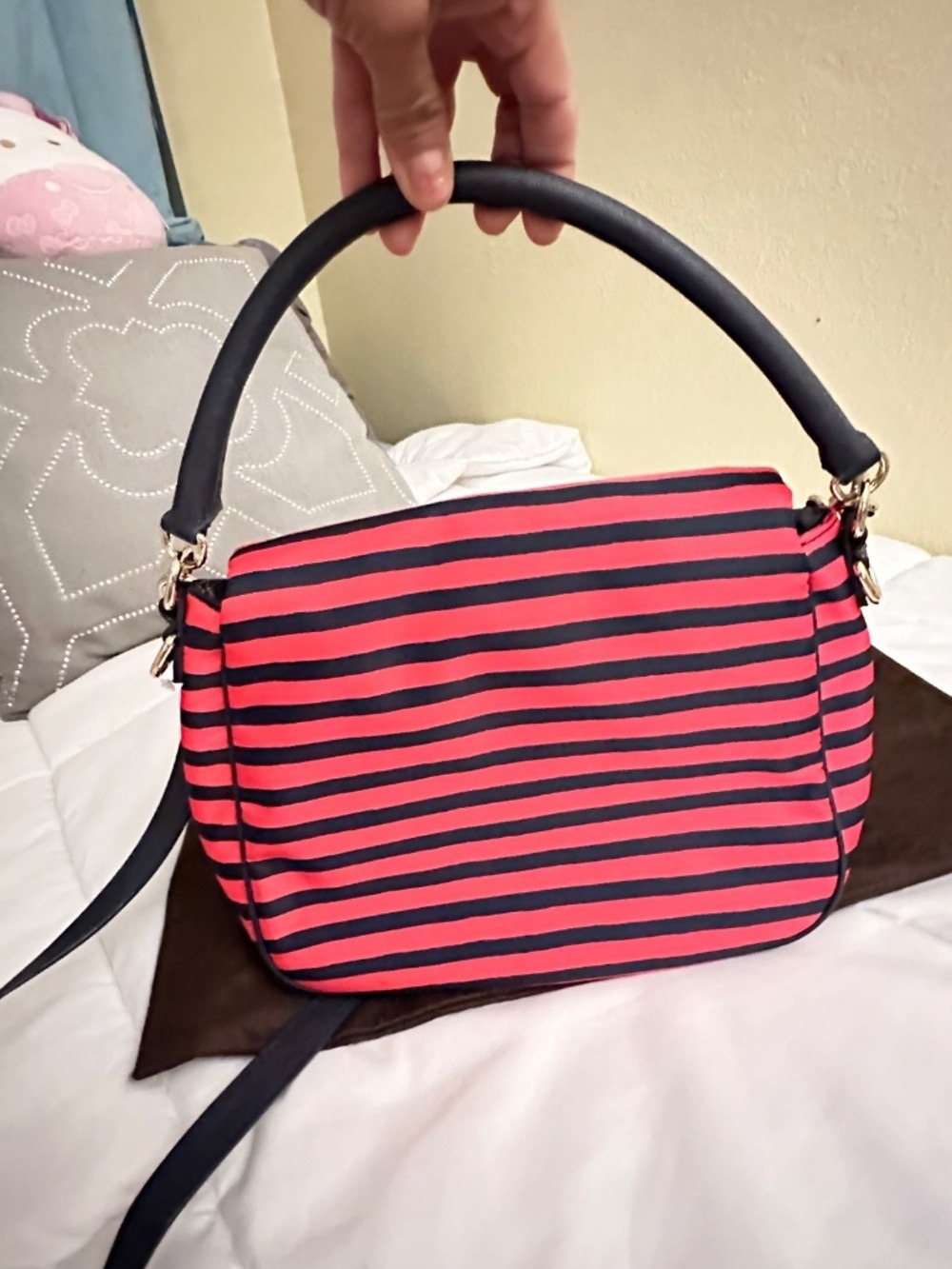 Kate Spade New York Striped Nylon Crossbody Satchel Pink Black Convertible - Picture 3 of 6